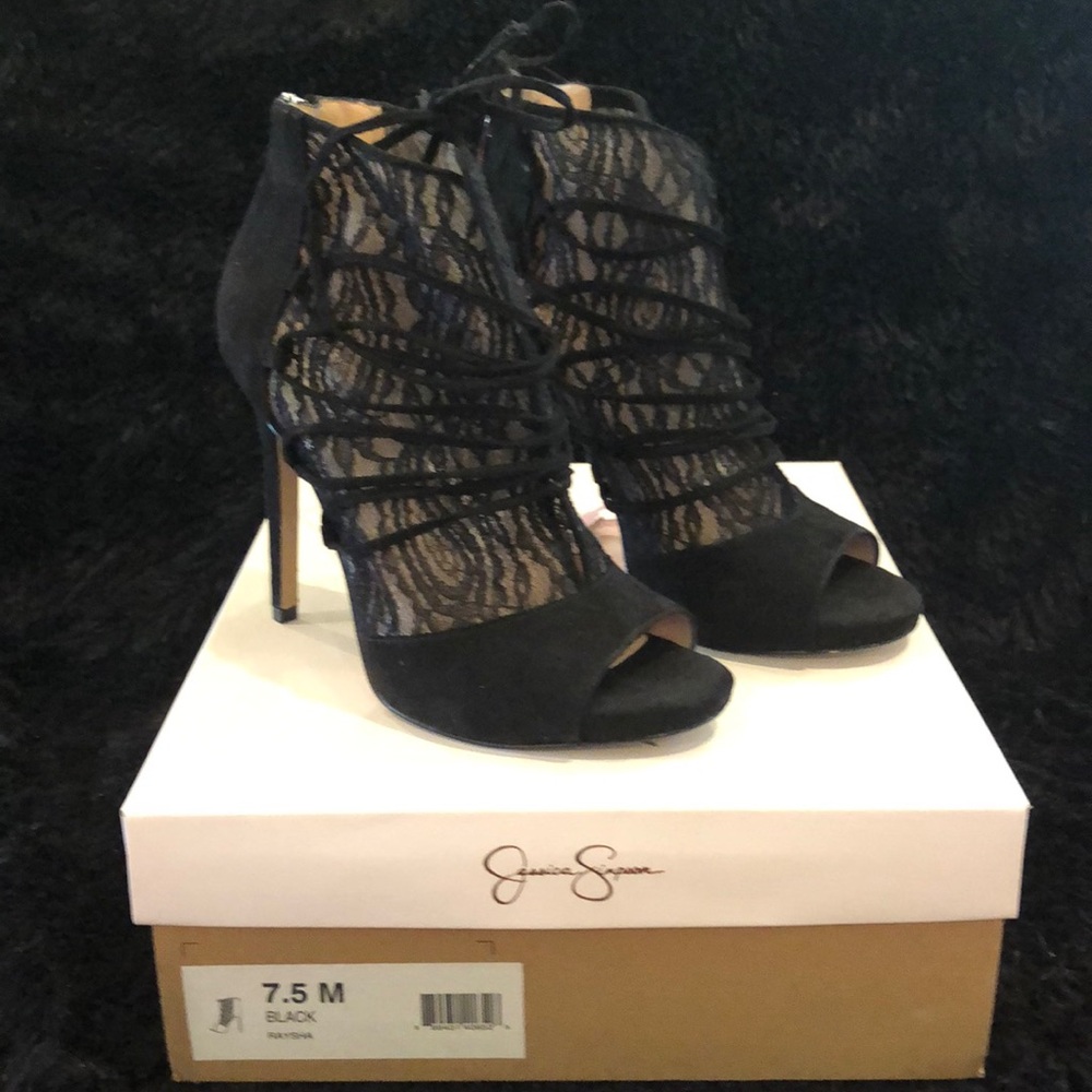 Jessica Simpson Black Lace Peep-Toe High Heel Booties